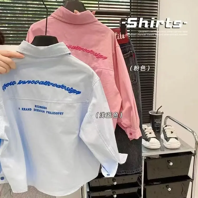 【热推爆款】2025新款儿童衬衫水洗棉刺绣男童衬衣春秋长袖蓝色