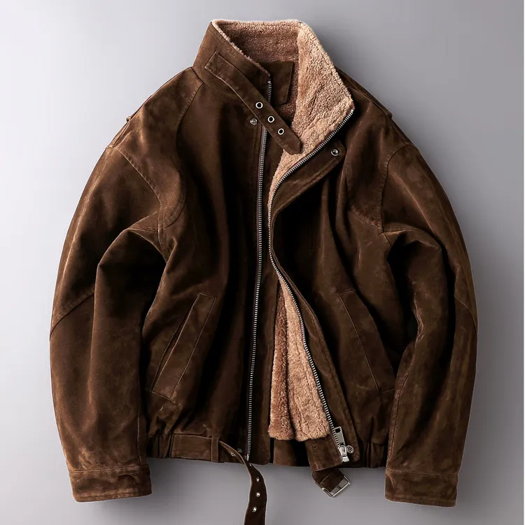 路约威格冬季男士时尚潮流复古立领夹克加厚羊羔毛皮休闲保暖外套