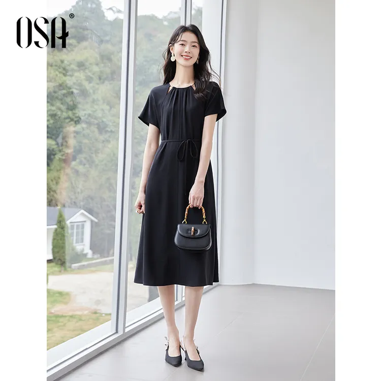 【新东方专属】欧莎圆领镂空收腰连衣裙S125B13002