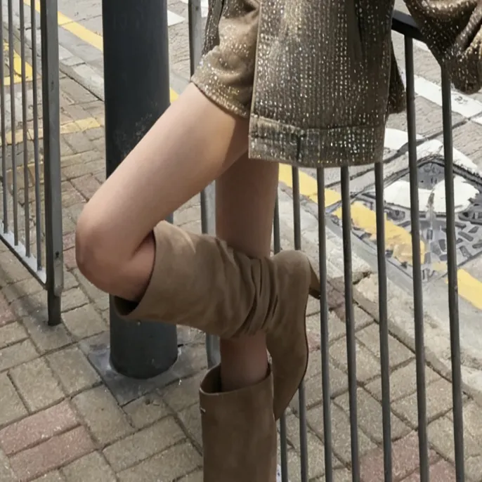 时装靴细跟过膝尖头长筒女鞋秋冬女靴粗跟弹力靴