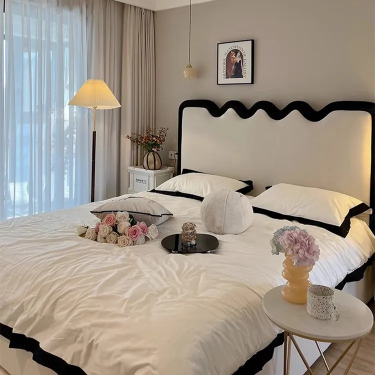 奶油风波浪床皮艺床现代简约皮艺床家用主卧双人床极简皮床欧式