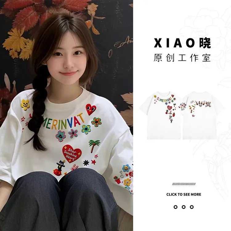潮牌趣味卡通印花设计感T恤上衣女韩系ins慵懒氛围感百搭纯棉短袖