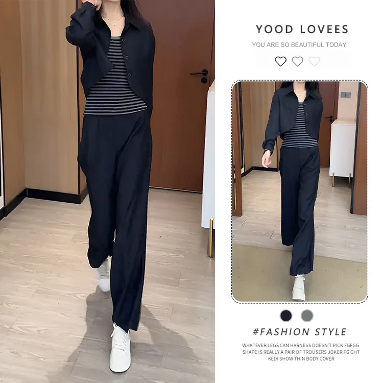 通勤气质套装女2026春秋新款洋气休闲短外套条纹背心阔腿裤三件套