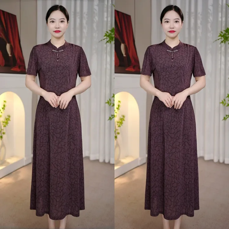 妈妈复古新中式改良版旗袍裙归裂纹印花连衣裙4934
