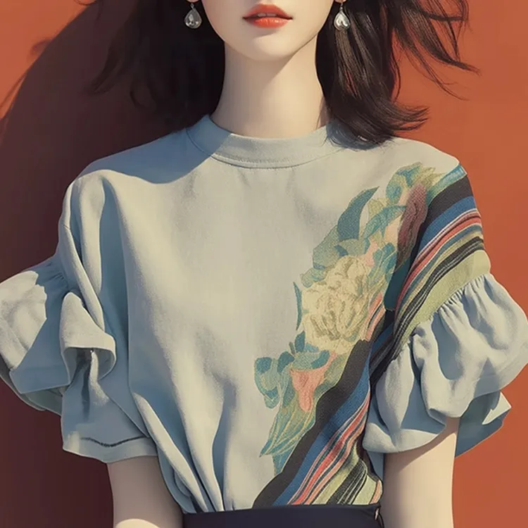 今年流行的法式气质独特小上衣灰色荷叶边小衬衫2025新款女装夏