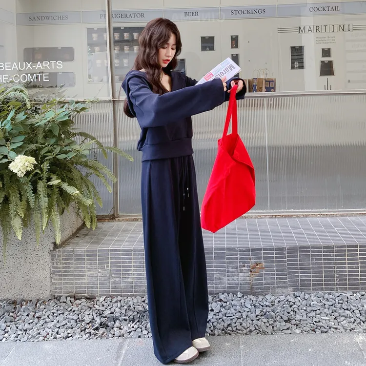 韩系运动风减龄深蓝色连帽卫衣套装女2025秋季新款休闲长裤两件套