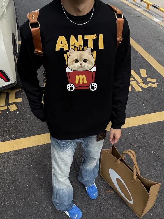 趣味小众卡通猫咪印花长袖男女情侣百搭重磅纯棉秋季新款T恤上衣