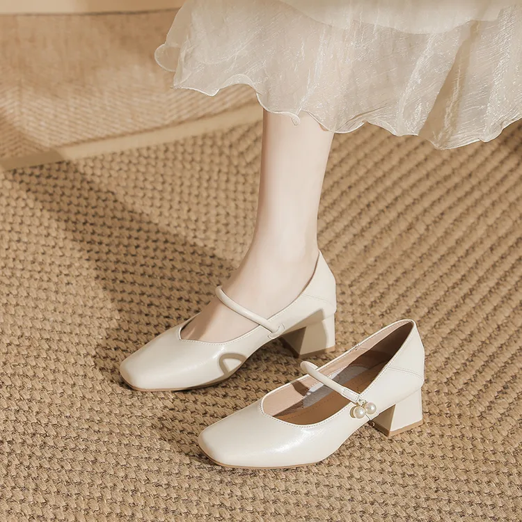 超软~法式粗跟方头玛丽珍鞋珍珠一字扣浅口仙女风配低跟单鞋四季
