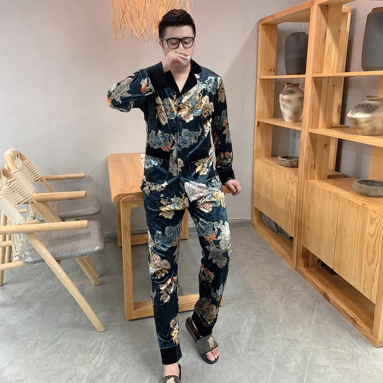 大码男士金丝绒睡衣套装2025春秋高品质印花奢华弹力可外穿家居服