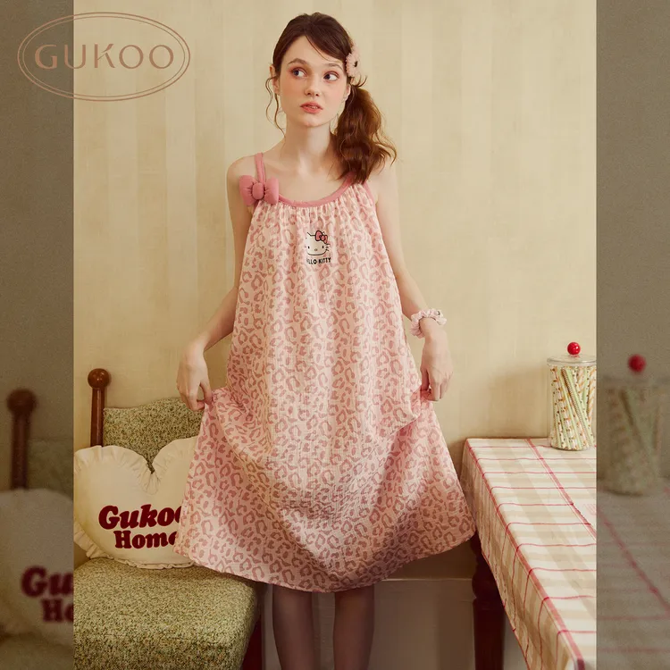 【Gukoo果壳】纯棉吊带睡裙豹纹hello Kitty夏日甜美少女家居服睡衣