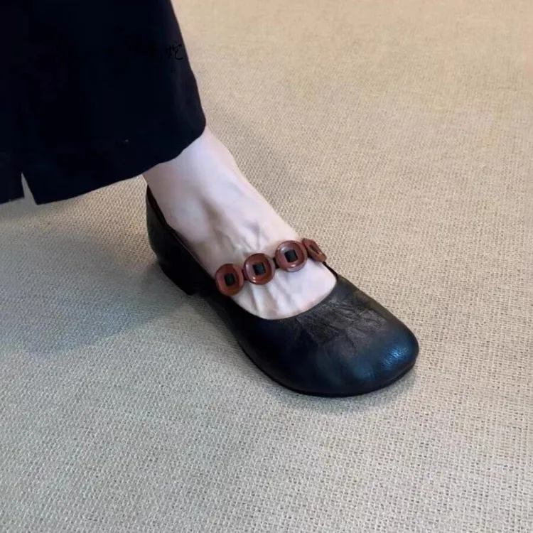 〖万达撤柜〗真皮法式复古圆头粗跟单鞋女秋季新款一字带浅口玛丽