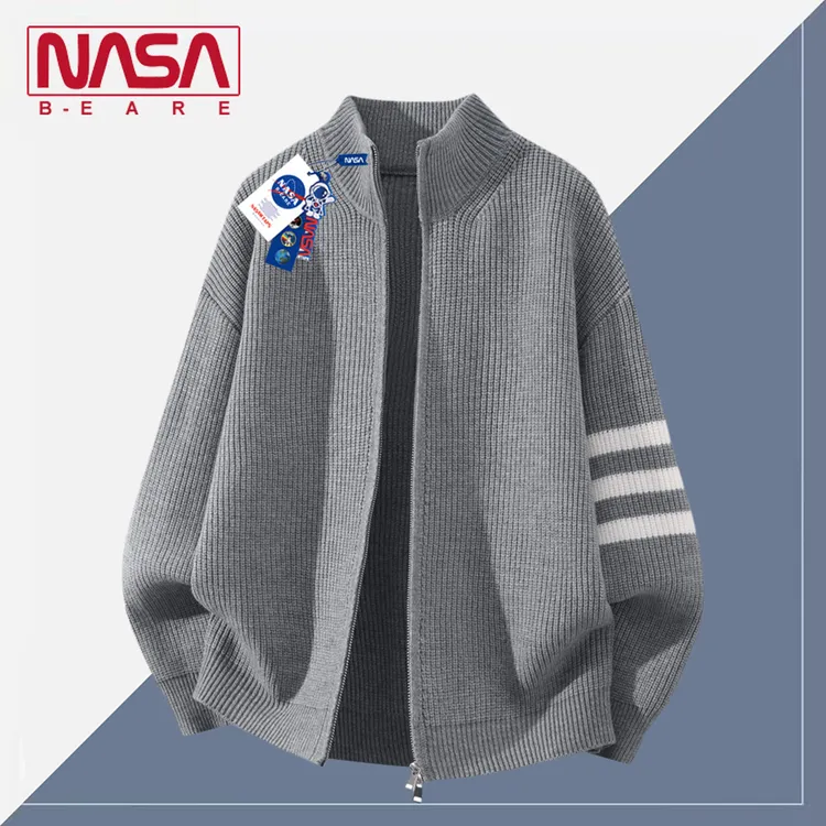 NASA联名双拉链立领开衫毛衣男士秋冬慵懒轻熟风外套三条杠针织衫
