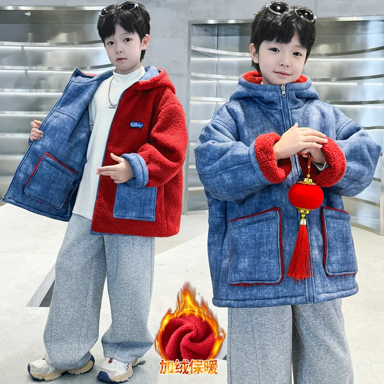 男童加绒外套2026新款红色喜庆儿童国风拜年服过年两面穿棉服唐装