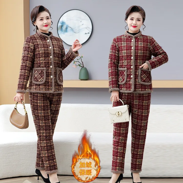 妈妈装冬季新款加绒加厚保暖套装时尚洋气保暖冬季家居服套装加厚