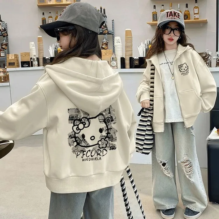 卡通报纸猫女童开衫拉链连帽卫衣外套宽松加绒加厚秋冬上衣中大童