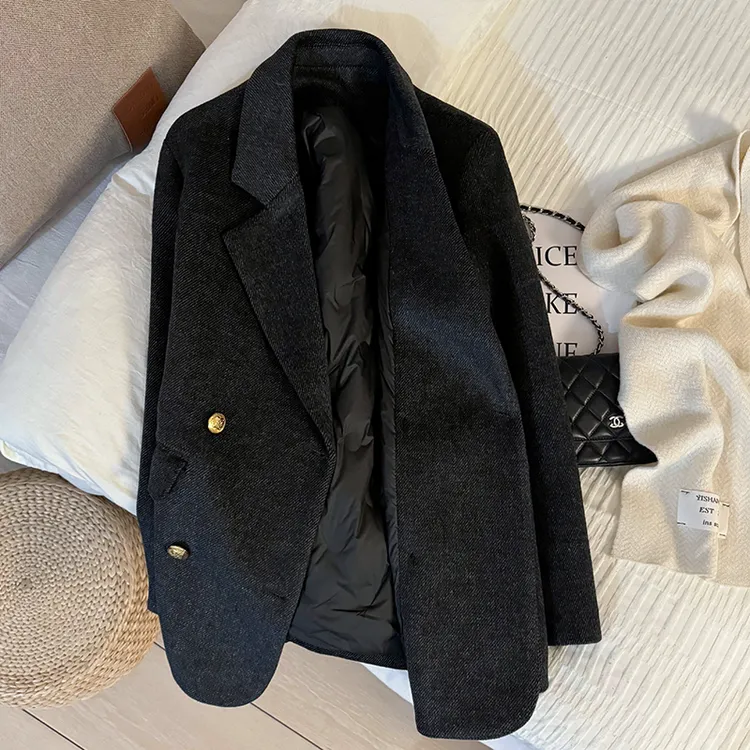 深灰色斜纹保暖内胆毛呢西装外套女时尚新款冬季高级感保暖小西服