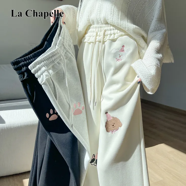 拉夏贝尔趣味小狗卡通阔腿裤女装秋冬新款显瘦直筒卫裤甜美休闲裤