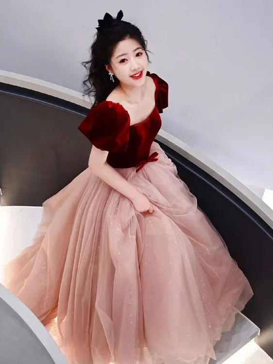 酒红色短袖泡泡袖礼服洋气新娘婚礼长款主持人学生结婚敬酒服