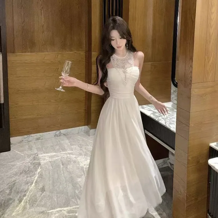 星河碎梦2025新款夏装星河长裙镶钻性感收腰连衣裙女