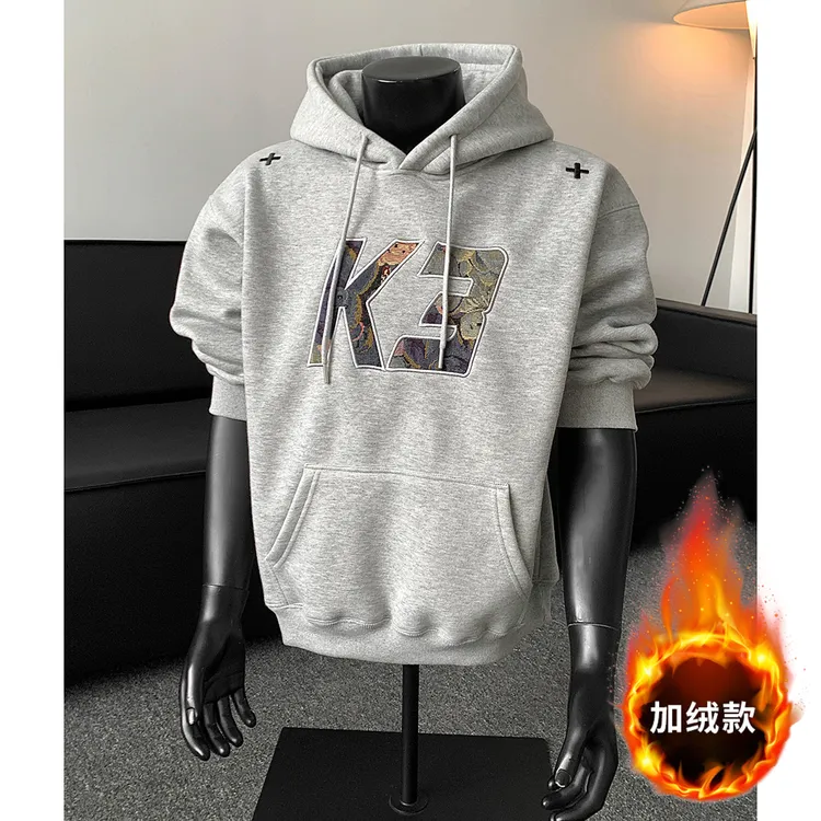 美式重磅贴布刺绣工艺连帽卫衣男高级感宽松潮牌休闲秋季上衣外套