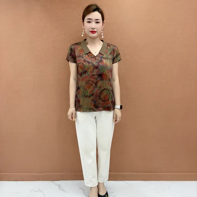 夏季新中式中老年妈妈翻领短袖宽松遮肉显瘦气质洋气大码印花上衣