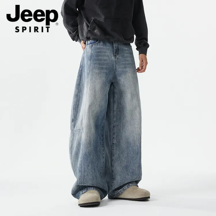 JEEPSPIRIT美式水洗阔腿弯刀牛仔裤男款春秋潮牌宽松做旧直筒裤子