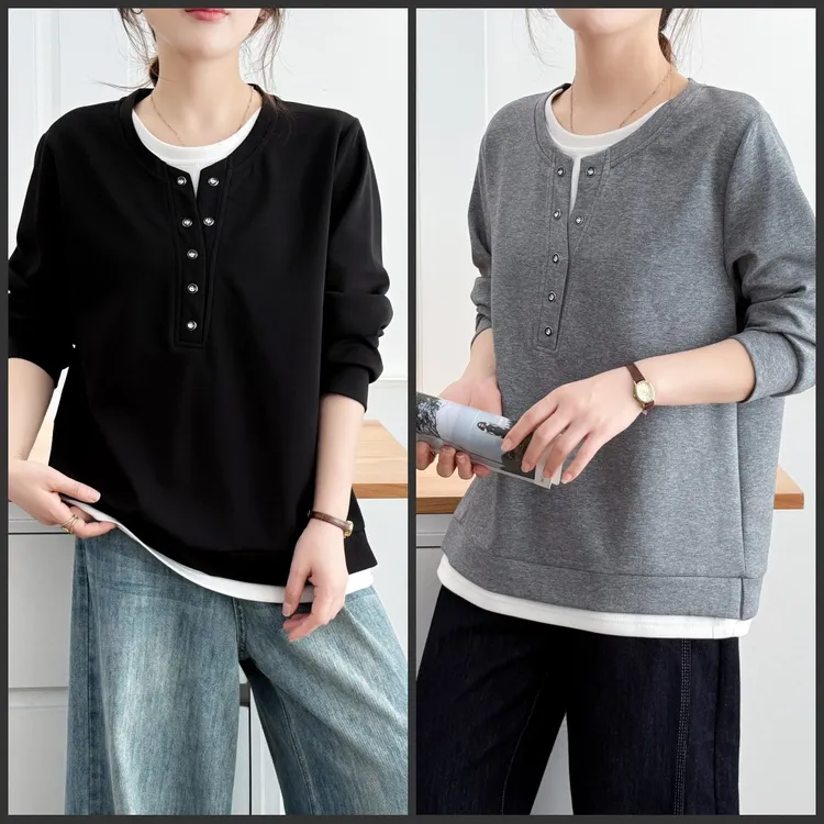 梦冬佳--110-190斤大码女装秋季休闲简约假两件上衣长袖T恤衫卫衣