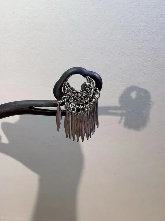 双面月牙流苏打孔对穿紫光黑檀木发簪民族风步摇发簪简约古风