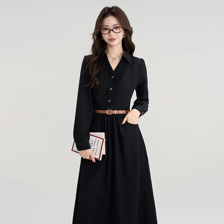 【送腰带】小黑裙衬衫裙收腰连衣裙女新款教资面试服装D0340