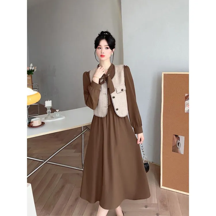 网红长袖连衣裙马甲套装裙女2025早秋小香风蝴蝶结系带时尚两件套