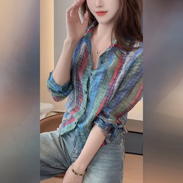 港风复古撞色条纹长袖衬衫女2025年夏季宽松显瘦百搭减龄别致上衣
