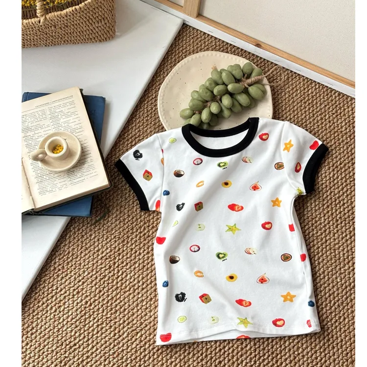 现货夏季韩版童装女童水果印花圆领短袖满印儿童套装
