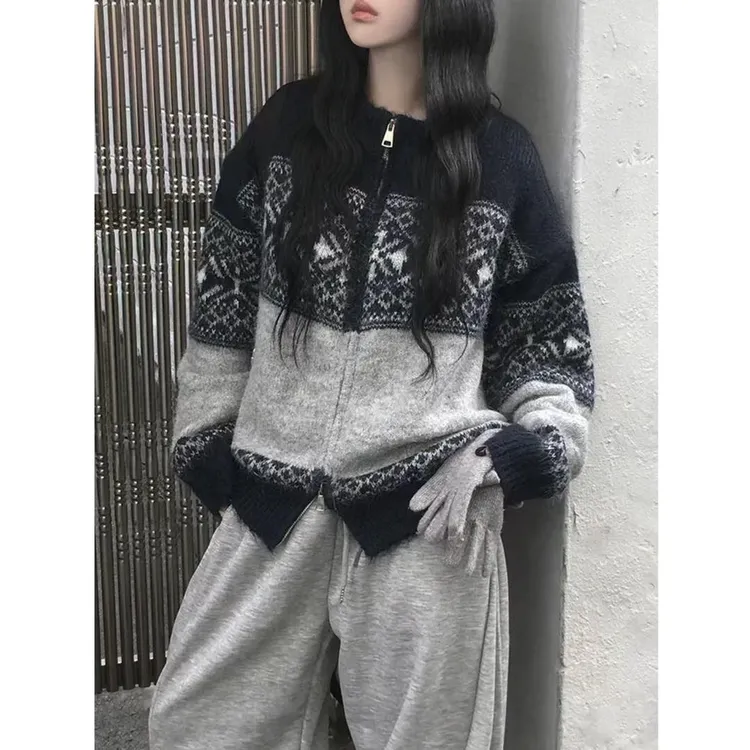 100%正品撤柜羊毛衫提花拉链针织开衫秋冬新款加厚毛衣外套宽松