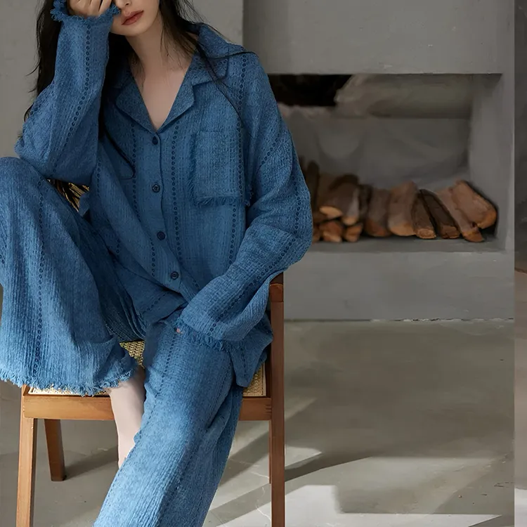 纯棉睡衣女春秋季蓝色高级感婴儿棉一体可外穿牛仔套装宽松100%棉