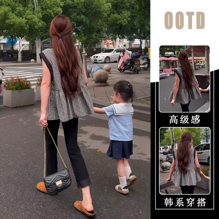 网红法式时尚套装格子圆领无袖上衣衬衣2025夏季新款韩系修身长裤