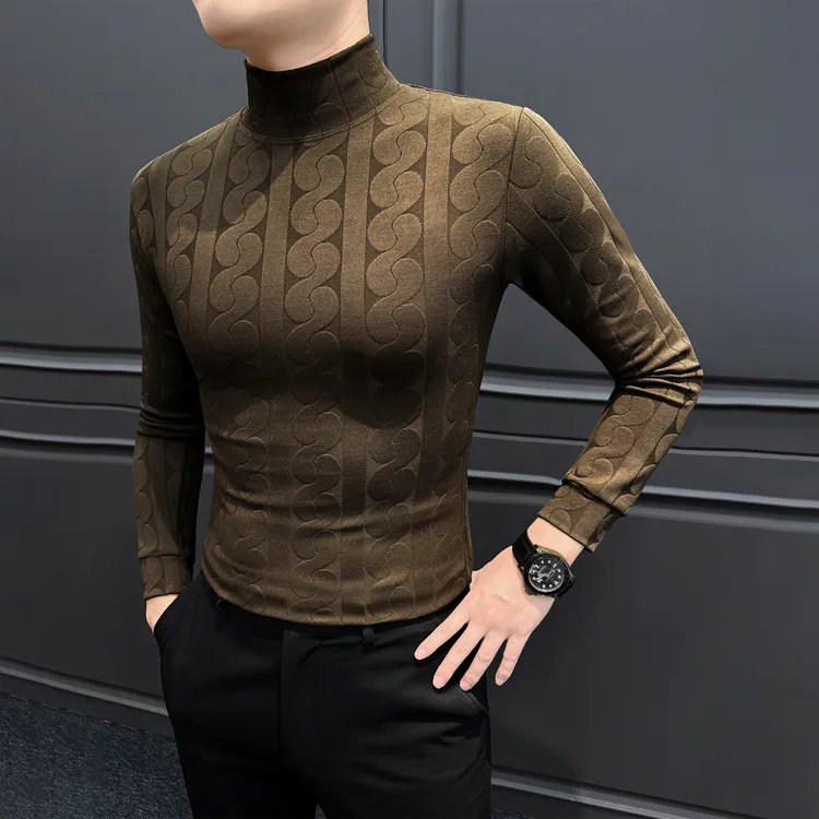 提花半高领长袖打底衫男款2025秋冬新款弹力修身痞帅男士内搭t恤