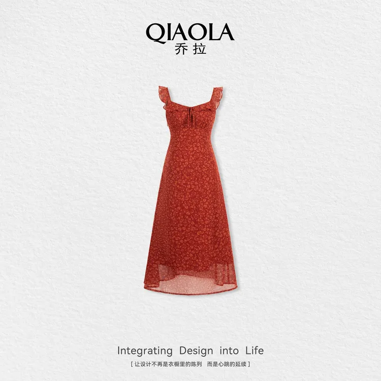 QIAOLA/乔拉【绯夏花盈】夏季新款梭织印花透气弹性时尚连衣裙预售