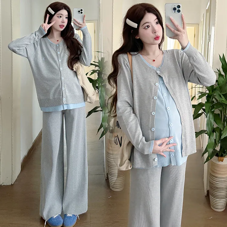 2025春季孕妇装时尚显瘦休闲宽松刺绣撞色圆领针织两件套孕妇衣服