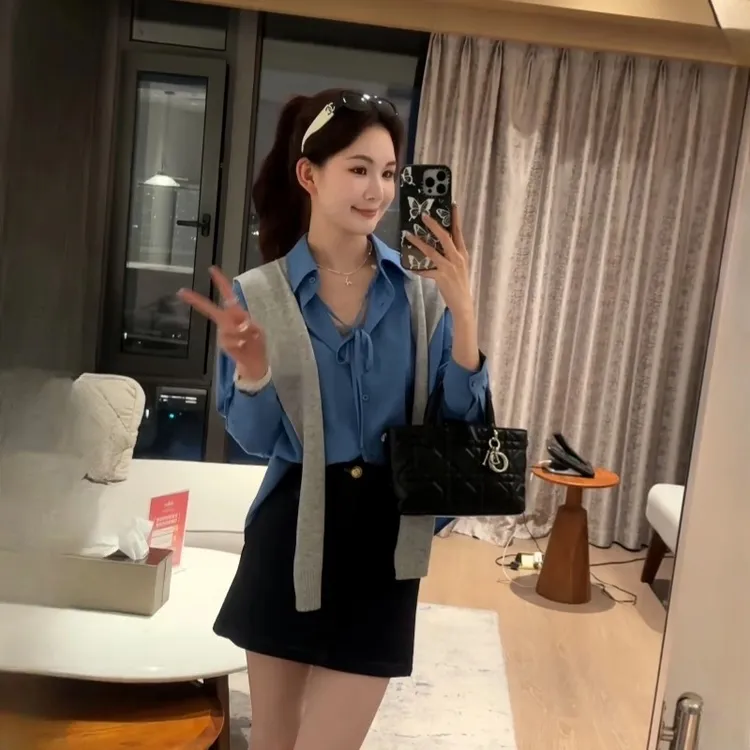 2025超火春装一整套高级感时尚针织披肩系带衬衫女气质半身裙套装