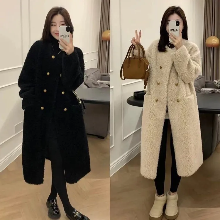 双排扣羊羔绒大衣女冬季2025新款皮毛一体百搭中长款加厚外套女