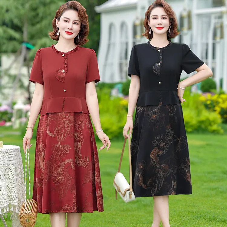 中年妈妈装夏季短袖连衣裙假两件新款新款时尚洋气喜婆婆宴会婚礼