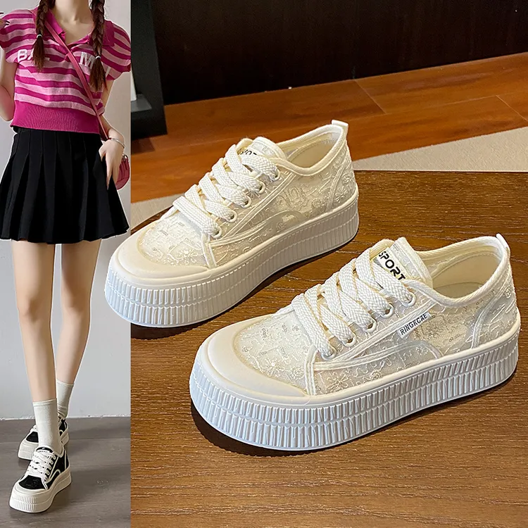 爆款蕾丝小白鞋女2025春夏季新款百搭厚底女鞋透气网面休闲板鞋女