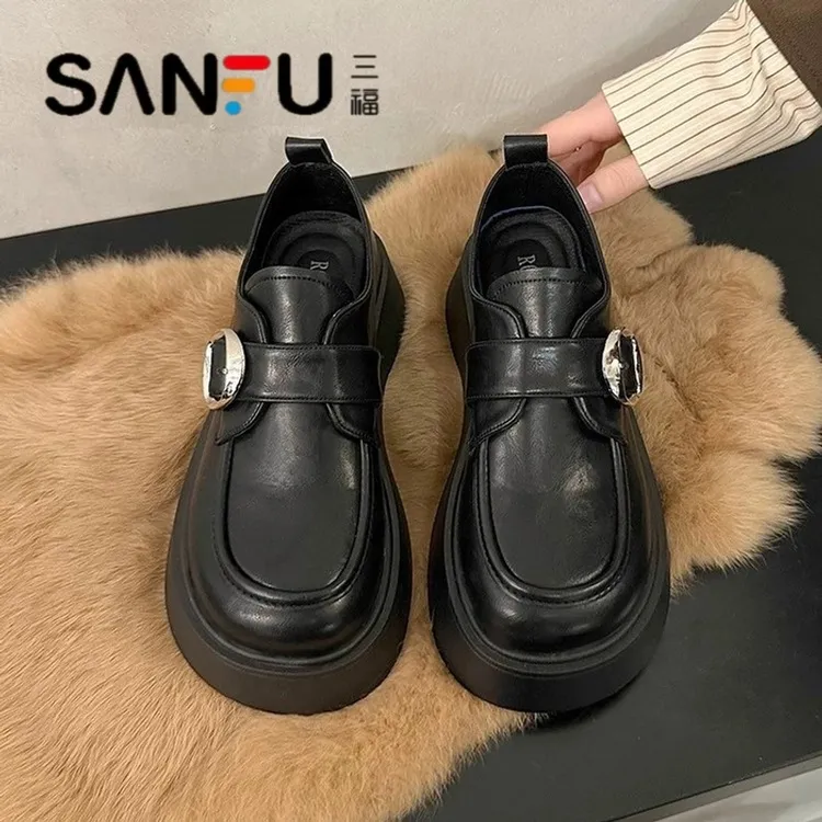 SANFU/三福软皮英伦风厚底小皮鞋女2025春季新款百搭一脚蹬乐福鞋