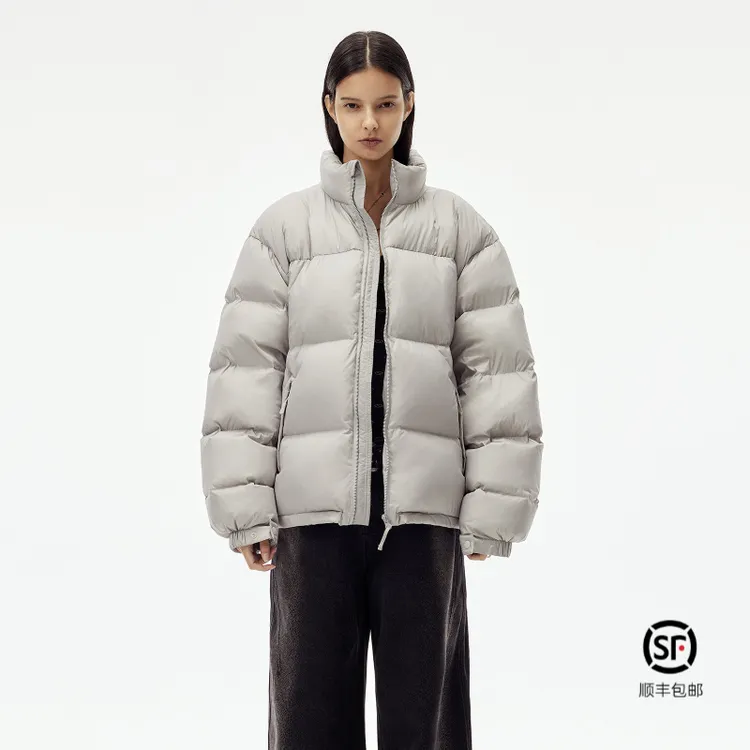 IMXS光泽感格纹279g立领短款羽绒服90白鸭绒情侣款上衣外套面包服