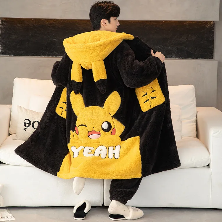 连帽睡袍睡衣男2024秋冬款加大加肥珊瑚绒睡袍法兰绒家居服套装