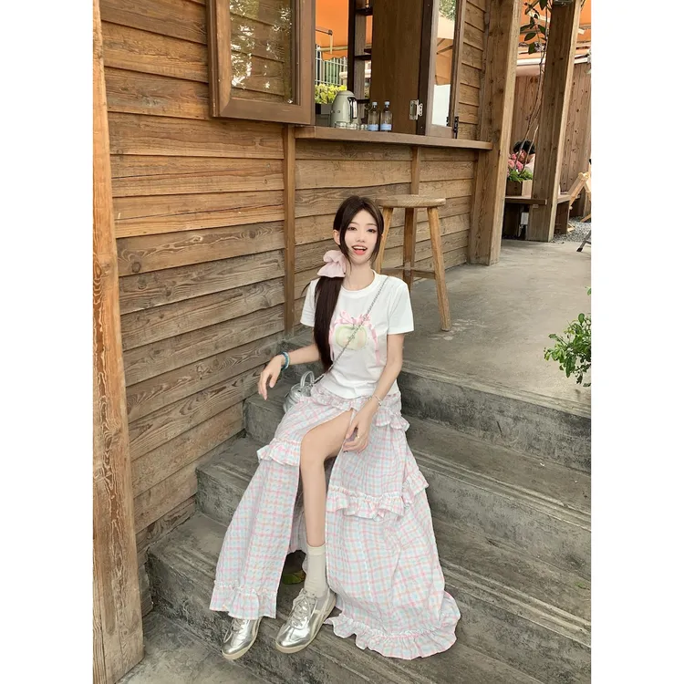 大码印花短袖T恤女夏季宽松休闲百搭半袖上衣+格子开叉半身裙套装