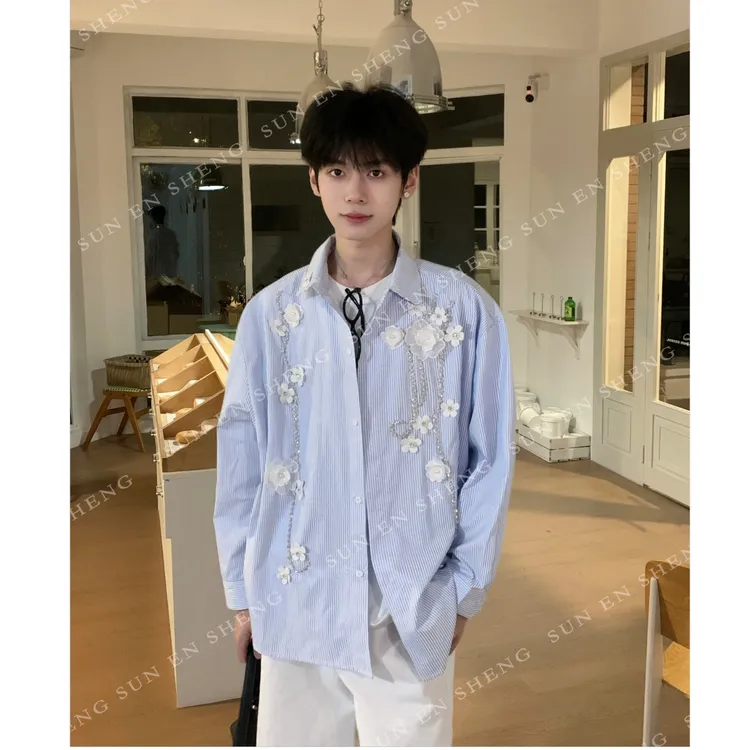 孙恩盛【自留衬衫】小众蓝色衬衫条纹男女长袖网红洋气炸街男装