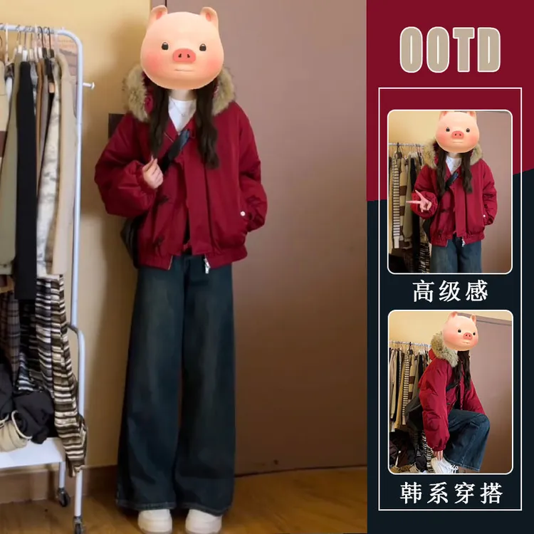 2025新款冬季韩系设计感小众连帽巨好看棉服外套蓝色牛仔裤两件套