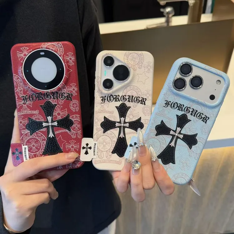 黑色大克罗心标签适用苹果17皮纹16手机壳小米15男vivo华为oppo潮