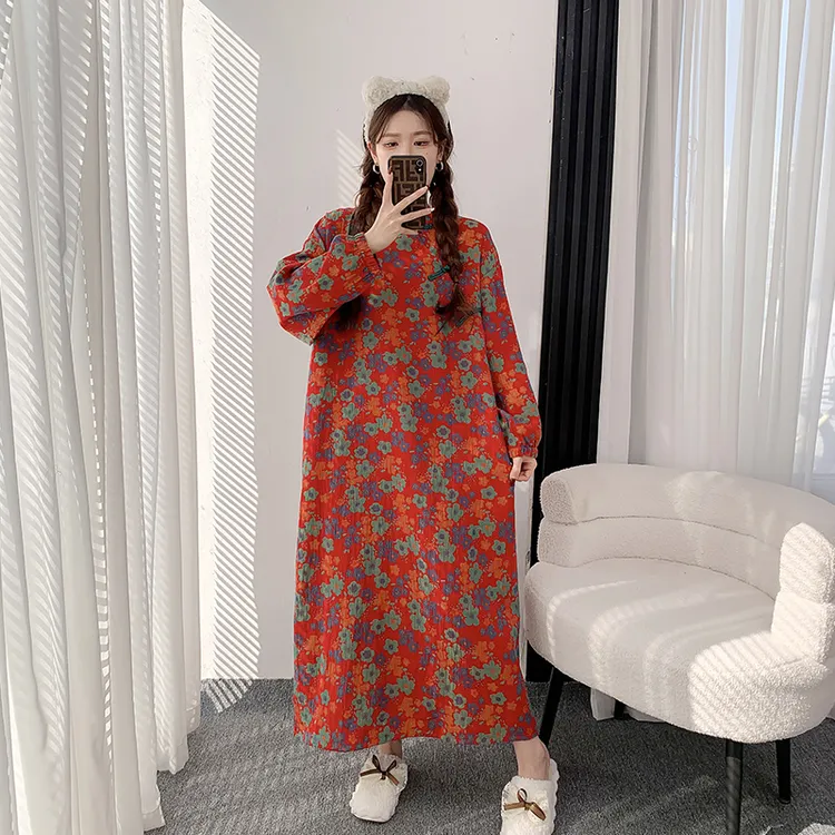 春秋睡裙女长袖纯棉双层纱新中式加长款到脚踝孕妇胖MM200斤睡衣